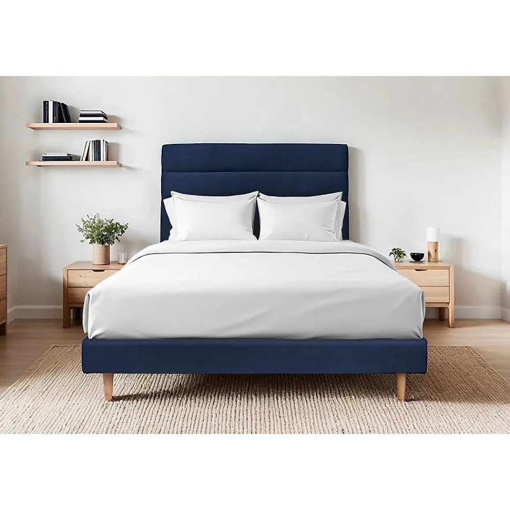 Lit avec tête de lit lignes velours et sommier kit - Lit en bois massif>Sommeil De Plomb Outlet