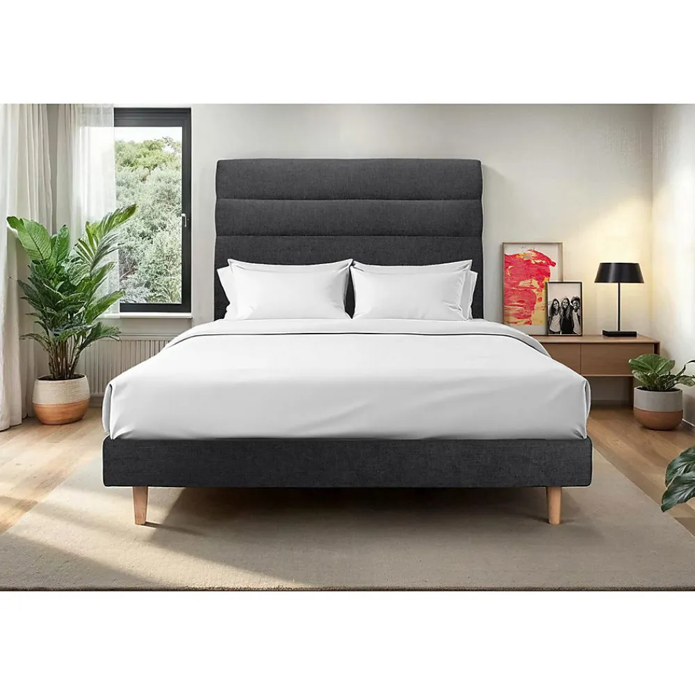 Lit avec tête de lit lignes tissu et sommier kit - Lit en bois massif>Sommeil De Plomb Outlet