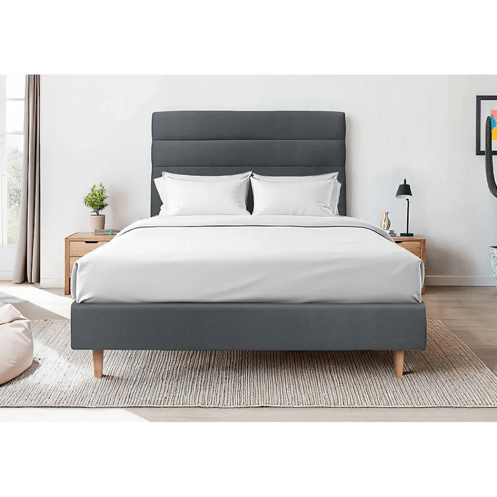 Sommeil De Plomb Lit avec tête de lit lignes velours et sommier tapissier - Lit en bois massif* Lit Simple