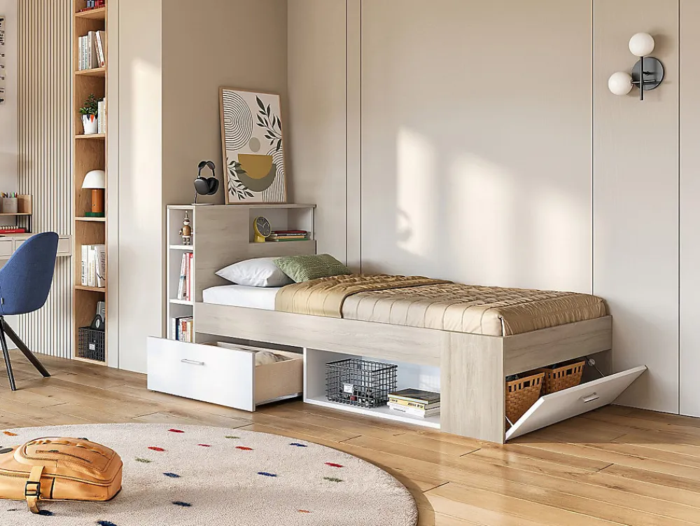 Lit avec tête de lit rangements et tiroir - 90 x 190 cm - Blanc et Naturel + matelas + sommier - LEANDRE>Vente-unique