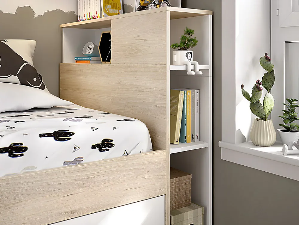 Lit avec tête de lit rangements et tiroir - 90 x 190 cm - Blanc et Naturel + matelas + sommier - LEANDRE>Vente-unique