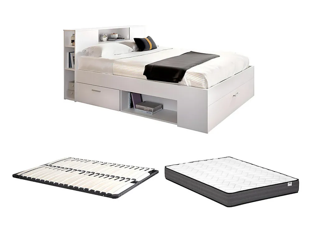Lit avec tête de lit rangements et tiroirs - 160 x 200 cm - Coloris : Blanc + Sommier + Matelas - LEANDRE>Vente-unique New
