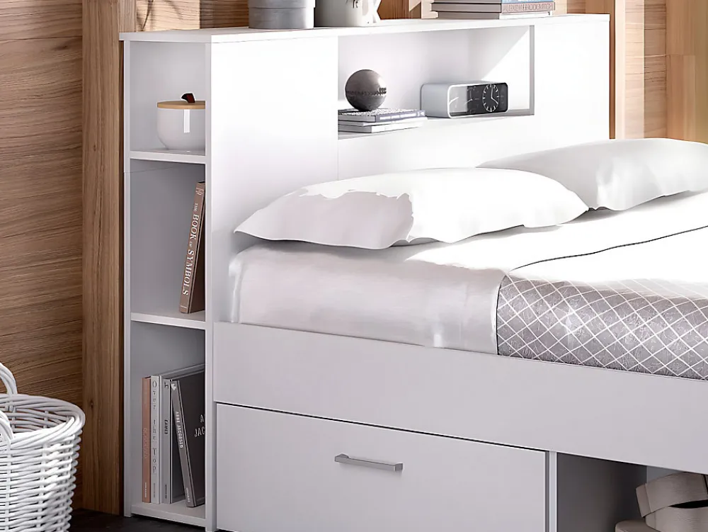 Lit avec tête de lit rangements et tiroirs - 160 x 200 cm - Coloris : Blanc + Sommier + Matelas - LEANDRE>Vente-unique New
