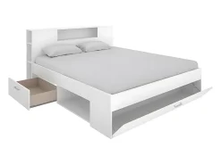 Vente-unique Lit avec tête de lit rangements et tiroirs - 140 x 190 cm - Coloris : Blanc - LEANDRE* Lit Avec Rangement