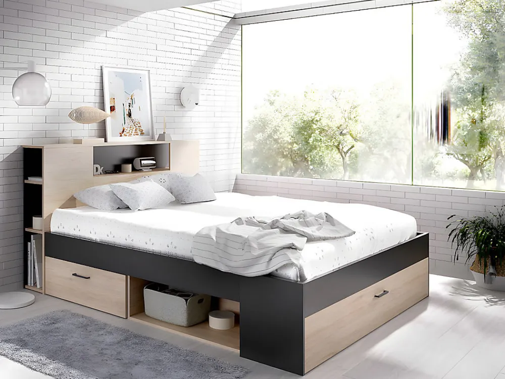 Vente-unique Lit avec tête de lit rangements et tiroirs - 140 x 190 cm - Coloris : Blanc - LEANDRE* Lit Avec Rangement