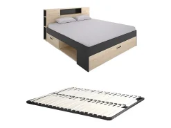 Vente-unique Lit avec tête de lit rangements et tiroirs - 140 x 190 cm - Coloris : Naturel et anthracite + Sommier - LEANDRE* Lit Avec Rangement