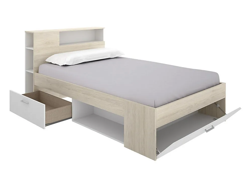 Lit avec tête de lit rangements et tiroir - 120 x 190 cm - Naturel et blanc + Sommier + Matelas - LEANDRE>Vente-unique Best