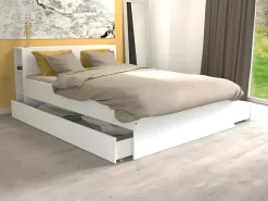 Vente-unique Lit avec tête de lit rangements et tiroirs 160 x 200 cm - Blanc - EUGENE* Lit Avec Rangement