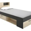 Lit avec tête de lit rangements et tiroir - 90 x 190 cm - Anthracite et naturel - LEANDRE>Vente-unique New