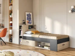 Lit avec tête de lit rangements et tiroir - 90 x 190 cm - Anthracite et naturel - LEANDRE><noscript><img width=