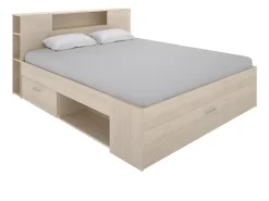 Vente-unique Lit avec tête de lit rangements et tiroirs - 140 x 190 cm - Coloris : Naturel - LEANDRE* Lit Avec Rangement