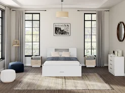 Vente-unique Lit avec tête de lit rangements et tiroirs - 140 x 190 cm - Coloris : Blanc + Sommier + Matelas - LEANDRE* Lit Avec Rangement
