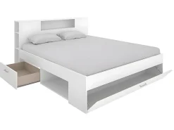 Vente-unique Lit avec tête de lit rangements et tiroirs - 140 x 190 cm - Coloris : Blanc + Sommier + Matelas - LEANDRE* Lit Avec Rangement