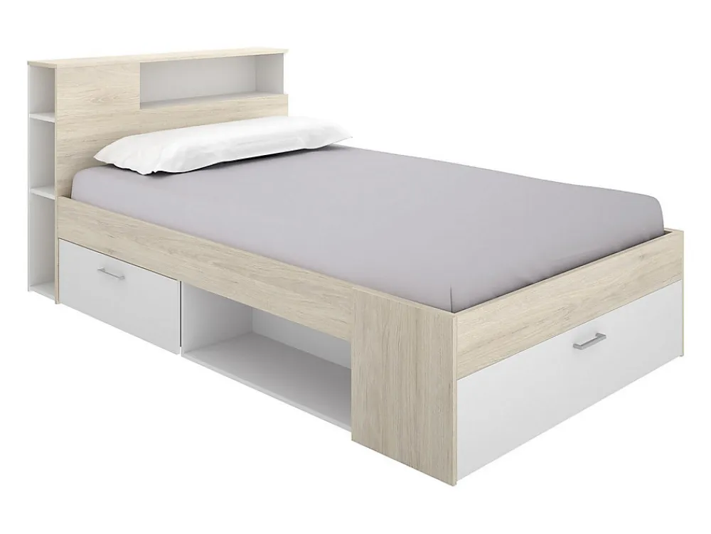 Lit avec tête de lit rangements et tiroir - 120 x 190cm - Coloris : Naturel et blanc + Sommier - LEANDRE>Vente-unique New