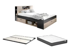 Lit avec tête de lit rangements et tiroirs - 160 x 200 cm - Coloris : Naturel et anthracite + Sommier + Matelas - LEANDRE>Vente-unique Sale