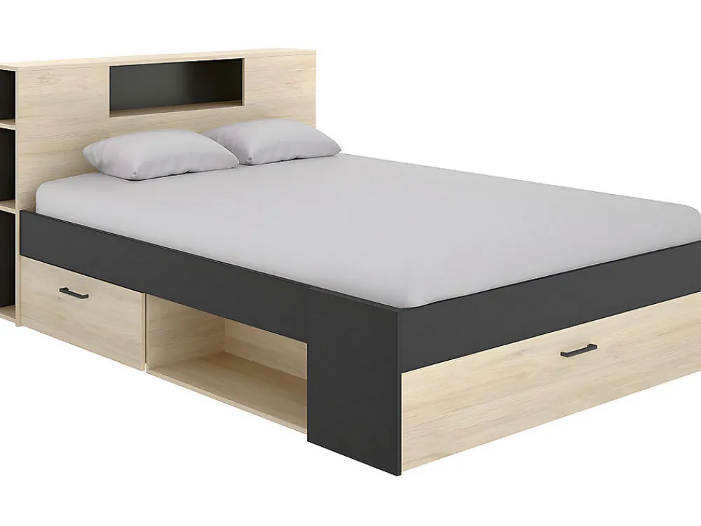 Lit avec tête de lit rangements et tiroirs - 160 x 200 cm - Coloris : Naturel et anthracite + Sommier + Matelas - LEANDRE>Vente-unique Sale