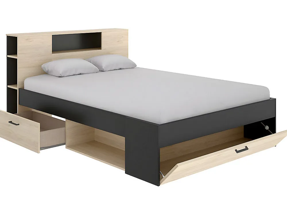 Lit avec tête de lit rangements et tiroirs - 160 x 200 cm - Coloris : Naturel et anthracite + Sommier + Matelas - LEANDRE>Vente-unique Sale