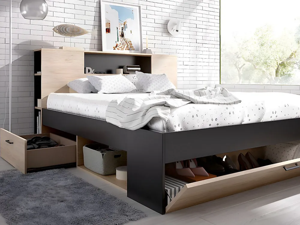 Lit avec tête de lit rangements et tiroirs - 160 x 200 cm - Coloris : Naturel et anthracite + Sommier + Matelas - LEANDRE>Vente-unique Sale