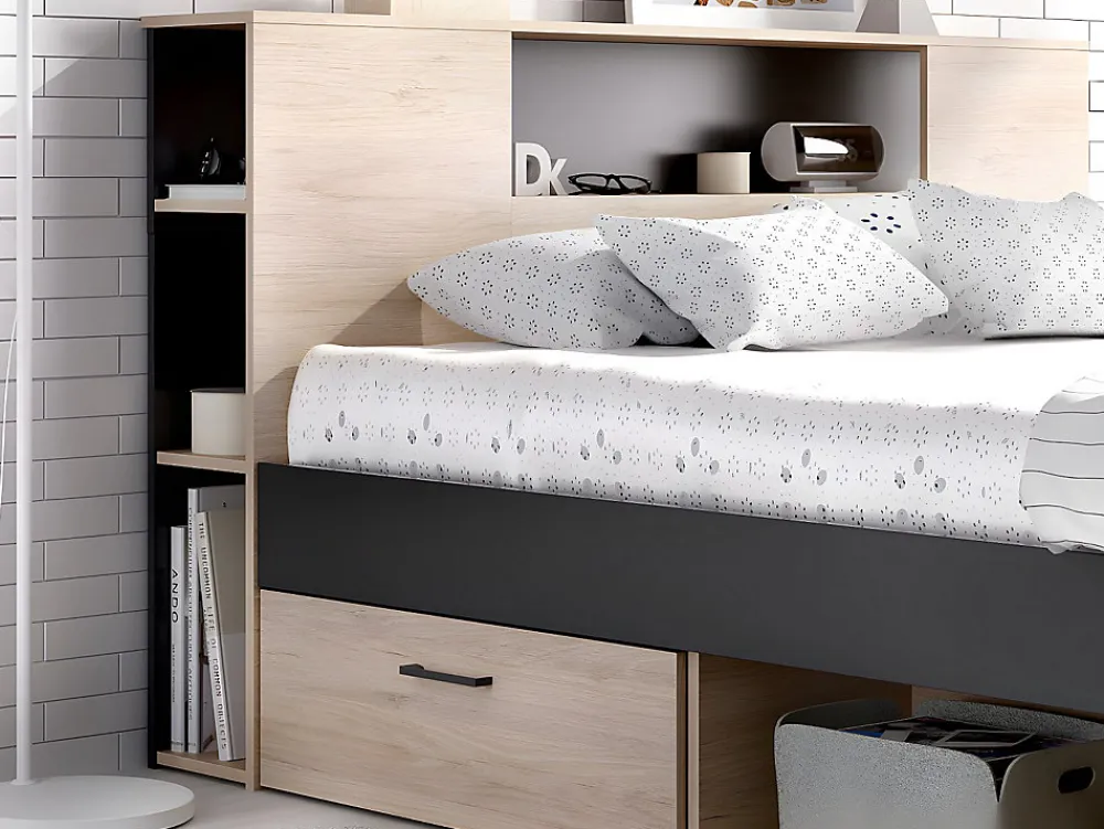 Lit avec tête de lit rangements et tiroirs - 160 x 200 cm - Coloris : Naturel et anthracite + Sommier + Matelas - LEANDRE>Vente-unique Sale