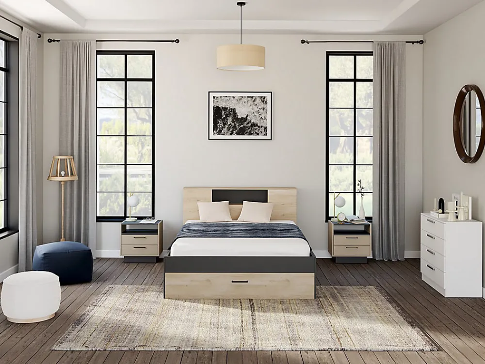 Lit avec tête de lit rangements et tiroirs - 160 x 200 cm - Coloris : Naturel et anthracite + Sommier + Matelas - LEANDRE>Vente-unique Sale
