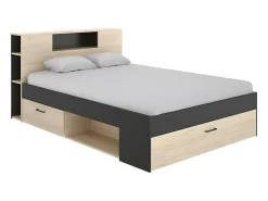Lit avec tête de lit rangements et tiroirs - 160 x 200cm - Coloris : Naturel et anthracite - LEANDRE>Vente-unique