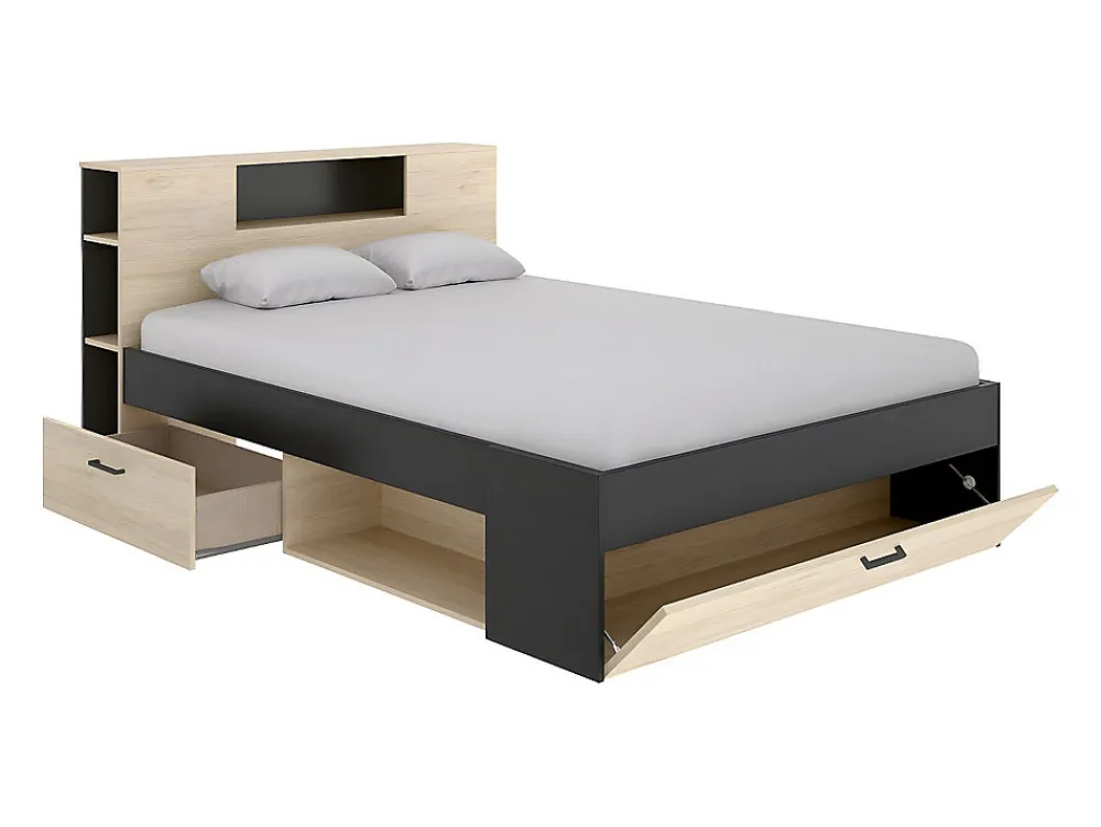 Lit avec tête de lit rangements et tiroirs - 160 x 200cm - Coloris : Naturel et anthracite - LEANDRE>Vente-unique