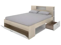 Vente-unique Lit avec tête de lit rangements et tiroirs - 140 x 190 cm - Coloris : Naturel et blanc + Sommier - LEANDRE* Lit Avec Rangement