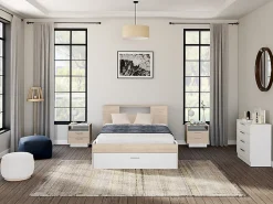 Vente-unique Lit avec tête de lit rangements et tiroirs - 140 x 190 cm - Coloris : Naturel et blanc + Sommier - LEANDRE* Lit Avec Rangement