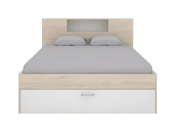 Vente-unique Lit avec tête de lit rangements et tiroirs - 140 x 190 cm - Coloris : Naturel et blanc + Sommier - LEANDRE* Lit Avec Rangement