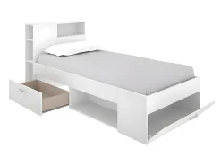 Vente-unique Lit avec tête de lit rangements et tiroir - 90 x 190 cm - Blanc + Sommier - LEANDRE* Lit Avec Rangement