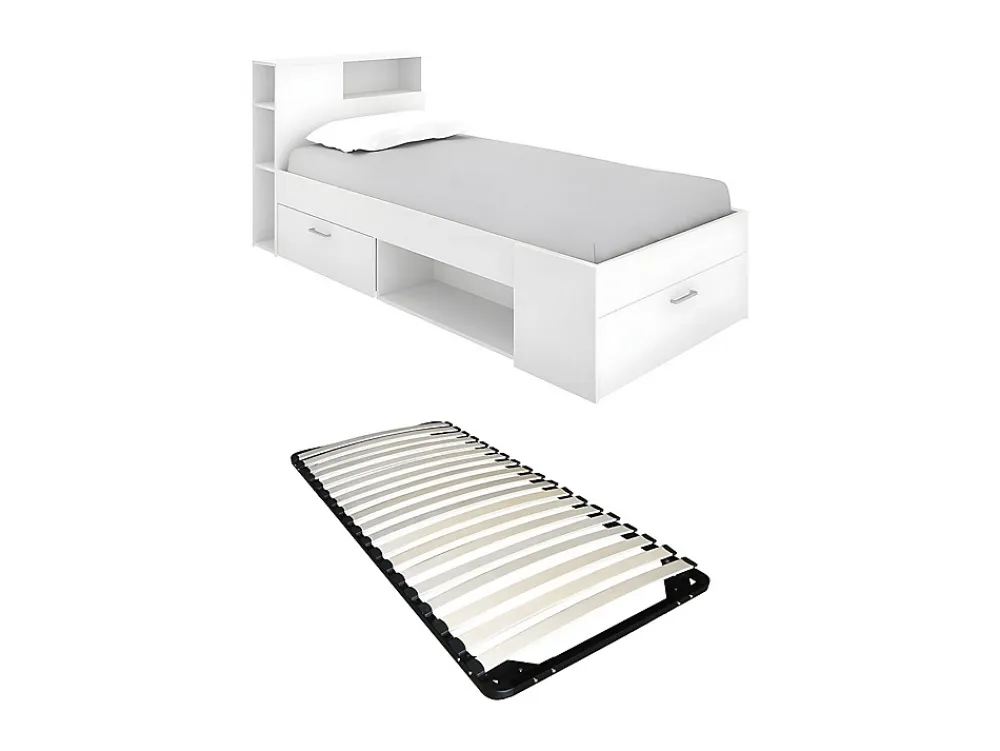 Vente-unique Lit avec tête de lit rangements et tiroir - 90 x 190 cm - Blanc + Sommier - LEANDRE* Lit Avec Rangement