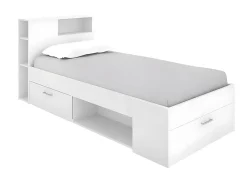 Vente-unique Lit avec tête de lit rangements et tiroir - 90 x 190 cm - Blanc + Sommier - LEANDRE* Lit Avec Rangement