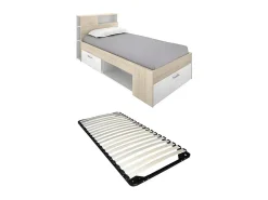 Lit avec tête de lit rangements et tiroir - 90 x 190 cm - Blanc et Naturel + Sommier - LEANDRE>Vente-unique Sale