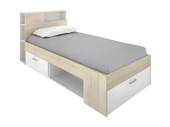 Lit avec tête de lit rangements et tiroir - 90 x 190 cm - Blanc et Naturel + Sommier - LEANDRE><noscript><img width=