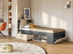Lit avec tête de lit rangements et tiroir - 90 x 190 cm - Anthracite et naturel + Sommier - LEANDRE><noscript><img width=