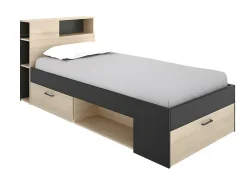 Lit avec tête de lit rangements et tiroir - 90 x 190 cm - Anthracite et naturel + Sommier - LEANDRE><noscript><img width=