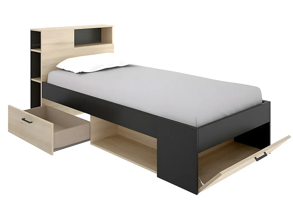 Lit avec tête de lit rangements et tiroir - 90 x 190 cm - Anthracite et naturel + Sommier - LEANDRE>Vente-unique