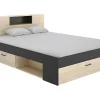 Lit avec tête de lit rangements et tiroirs - 140 x 190 cm - Coloris : Naturel et anthracite - LEANDRE>Vente-unique Outlet