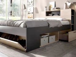 Lit avec tête de lit rangements et tiroirs - 140 x 190 cm - Coloris : Naturel et anthracite - LEANDRE><noscript><img width=