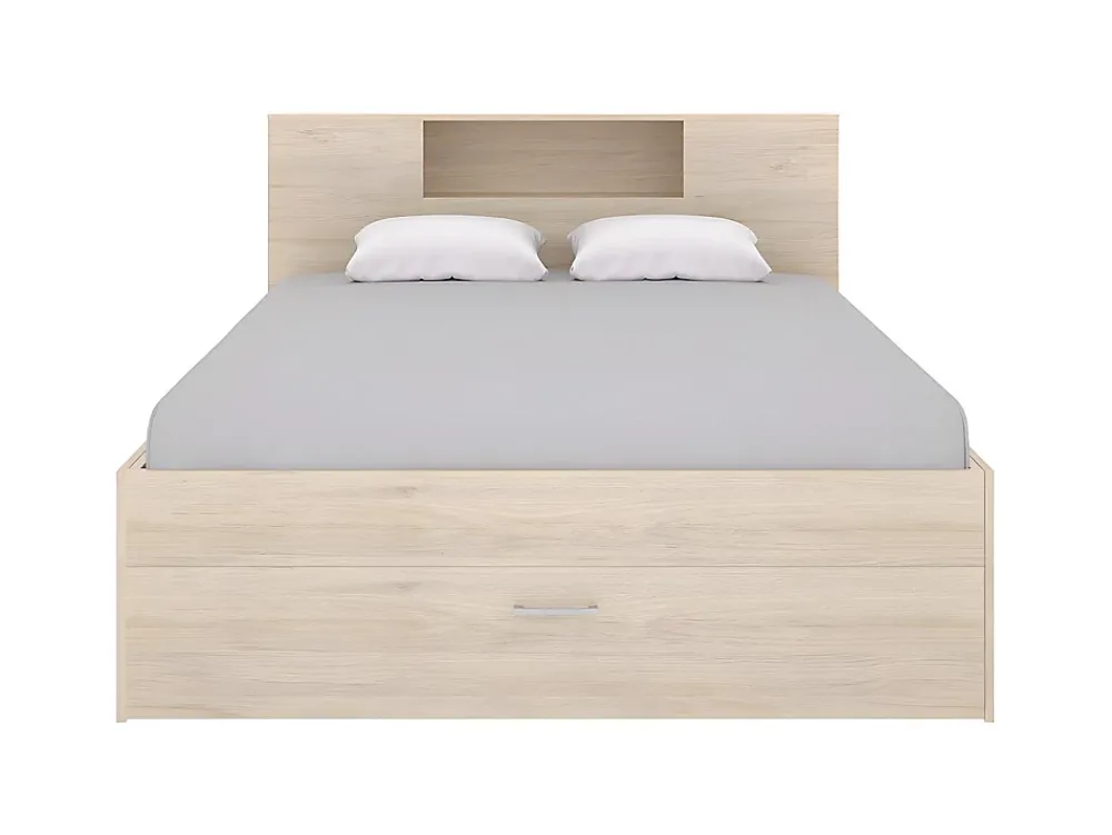 Vente-unique Lit avec tête de lit rangements et tiroirs - 160 x 200 cm - Coloris : Naturel + Sommier - LEANDRE* Lit Avec Rangement