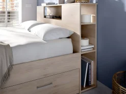 Vente-unique Lit avec tête de lit rangements et tiroirs - 160 x 200 cm - Coloris : Naturel + Sommier - LEANDRE* Lit Avec Rangement