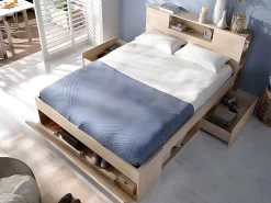 Vente-unique Lit avec tête de lit rangements et tiroirs - 160 x 200 cm - Coloris : Naturel + Sommier - LEANDRE* Lit Avec Rangement