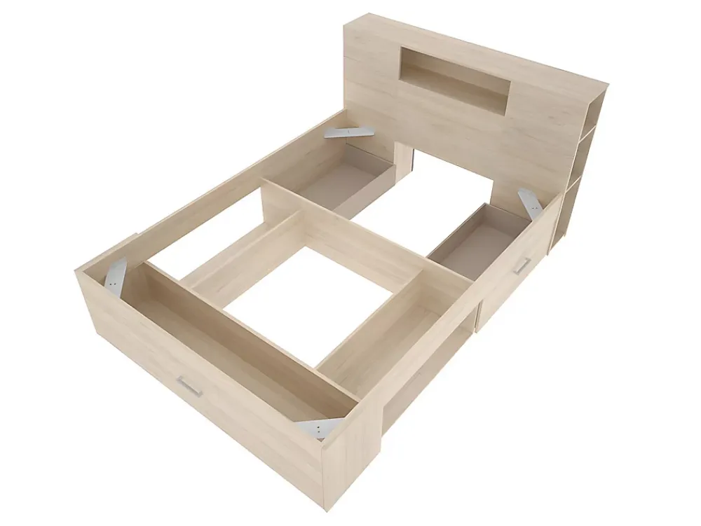 Vente-unique Lit avec tête de lit rangements et tiroirs - 160 x 200 cm - Coloris : Naturel + Sommier - LEANDRE* Lit Avec Rangement