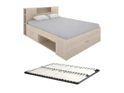 Vente-unique Lit avec tête de lit rangements et tiroirs - 160 x 200 cm - Coloris : Naturel + Sommier - LEANDRE* Lit Avec Rangement