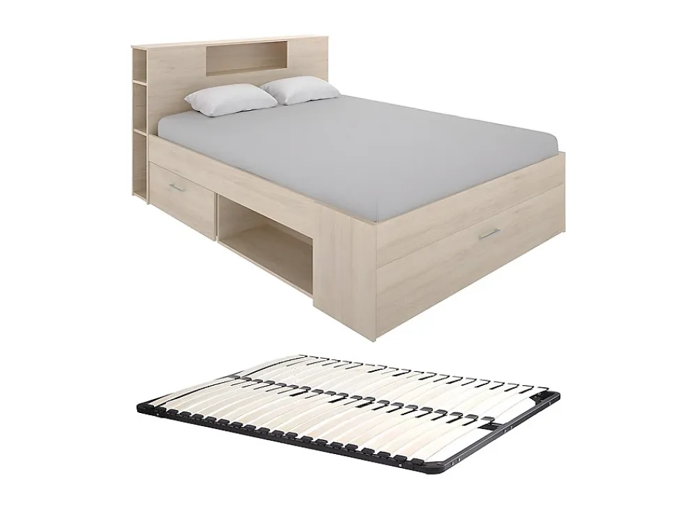 Vente-unique Lit avec tête de lit rangements et tiroirs - 160 x 200 cm - Coloris : Naturel + Sommier - LEANDRE* Lit Avec Rangement