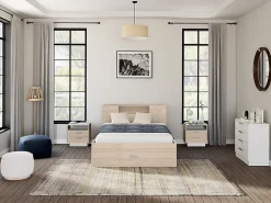 Vente-unique Lit avec tête de lit rangements et tiroirs - 160 x 200 cm - Coloris : Naturel + Sommier - LEANDRE* Lit Avec Rangement
