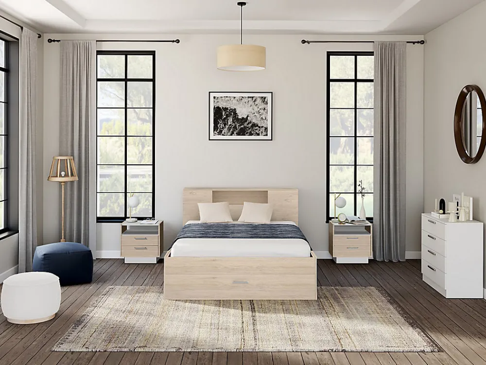 Vente-unique Lit avec tête de lit rangements et tiroirs - 160 x 200 cm - Coloris : Naturel + Sommier - LEANDRE* Lit Avec Rangement