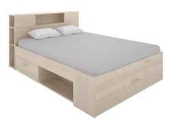 Vente-unique Lit avec tête de lit rangements et tiroirs - 160 x 200 cm - Coloris : Naturel + Sommier - LEANDRE* Lit Avec Rangement