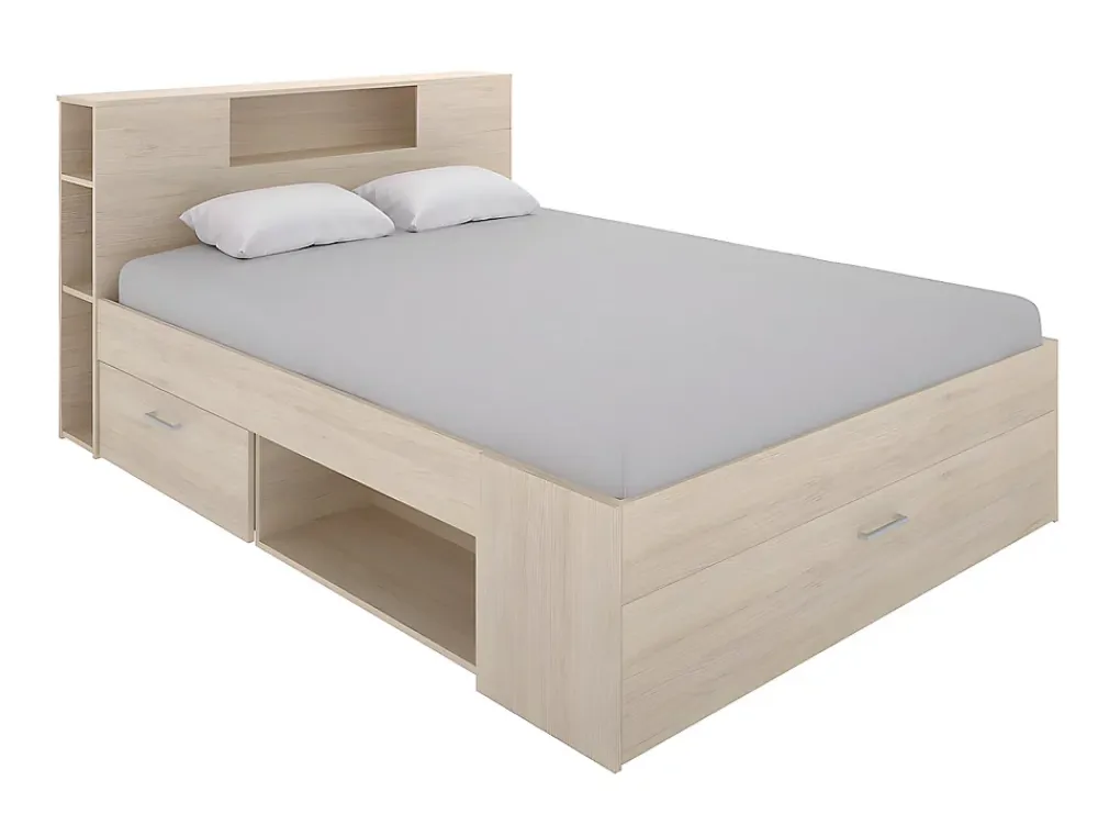 Vente-unique Lit avec tête de lit rangements et tiroirs - 160 x 200 cm - Coloris : Naturel + Sommier - LEANDRE* Lit Avec Rangement