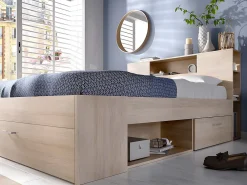 Vente-unique Lit avec tête de lit rangements et tiroirs - 160 x 200 cm - Coloris : Naturel + Sommier - LEANDRE* Lit Avec Rangement